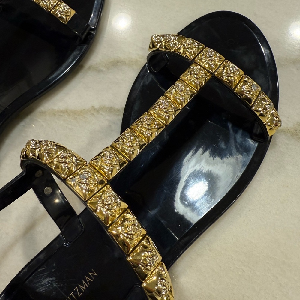 Stuart Weitzman Jelly Sandals Size 8 Black Gold Embellishments - Picture 6 of 11